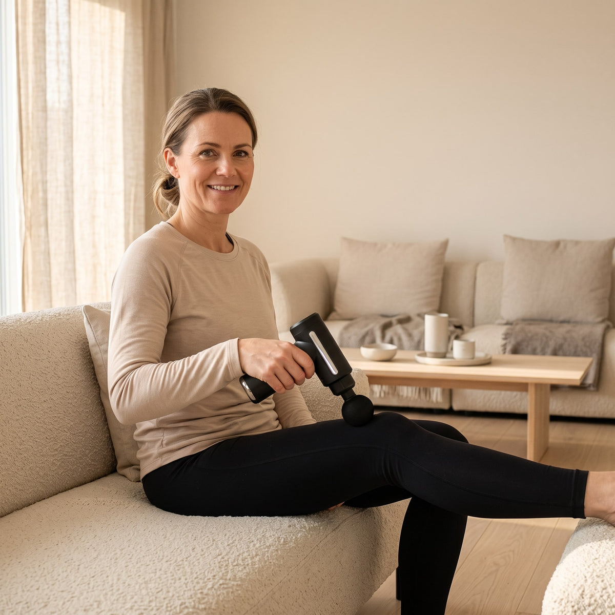 Kvinde i sofaen bruger Recover mini på låret og ser ind i kameraet